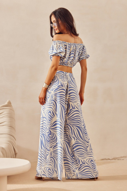 Niebieskie spodnie wide leg z lnem
