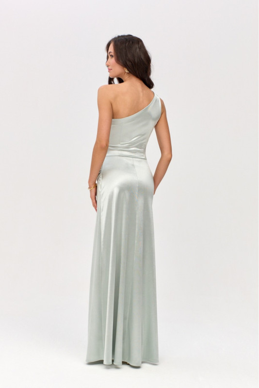 Satynowa sukienka maxi na jedno ramię w kolorze miętowym