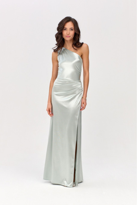 Satynowa sukienka maxi na jedno ramię w kolorze miętowym