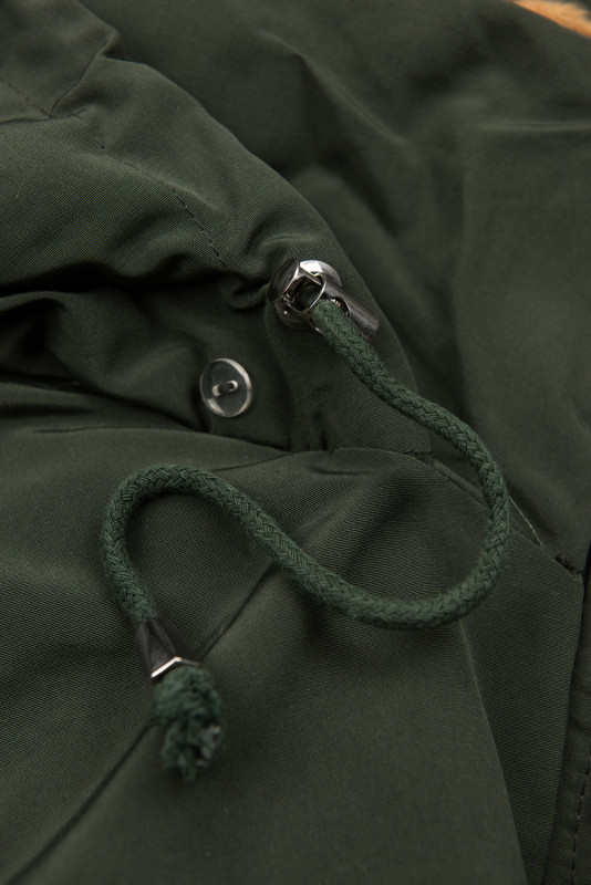 Khaki zimowa parka z brązowym pluszem