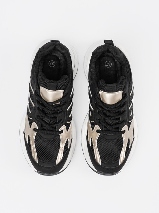 Czarne damskie sneakersy ze złotymi wstawkami