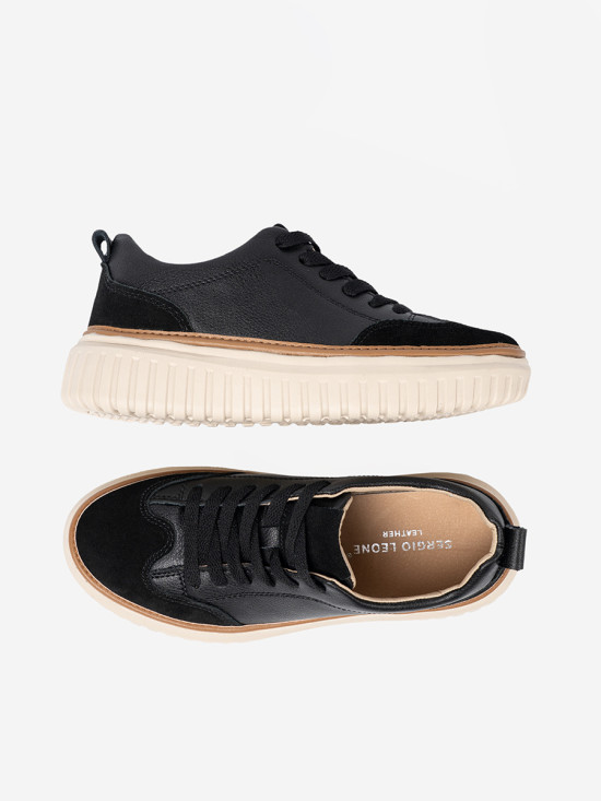 Czarne sneakersy skórzane na beżowej platformie