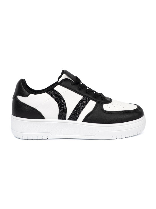 Stylowe czarno-białe sneakersy z brokatowymi wstawkami