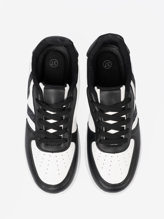 Stylowe czarno-białe sneakersy z brokatowymi wstawkami