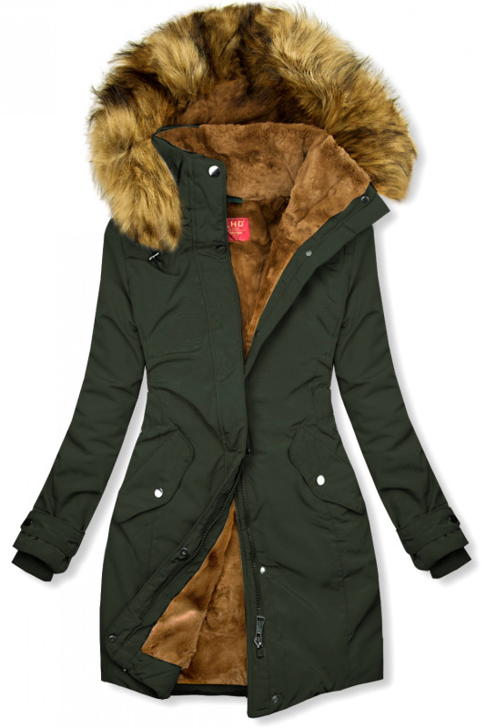 Khaki zimowa parka z brązowym pluszem
