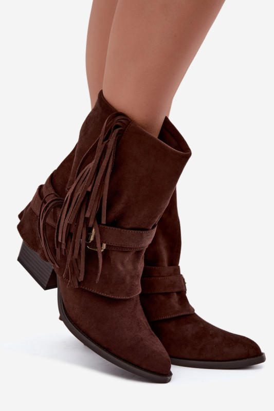 Kowbojskie botki na słupku z frędzlami i wywiniętą cholewką, brązowe