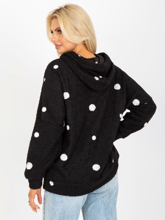 Czarna futrzana bluza w grochy z kapturem