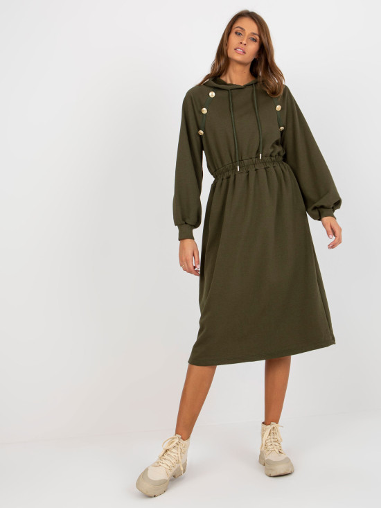 Khaki midi rozkloszowana sukienka dresowa z guzikami