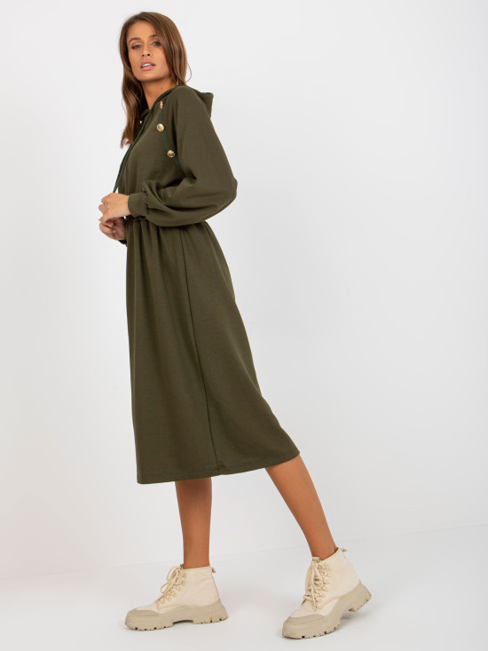 Khaki midi rozkloszowana sukienka dresowa z guzikami