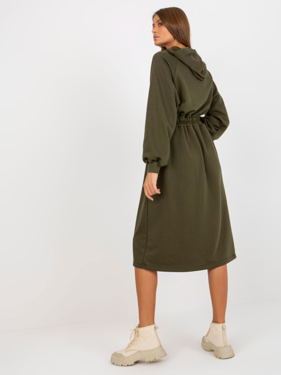 Khaki midi rozkloszowana sukienka dresowa z guzikami