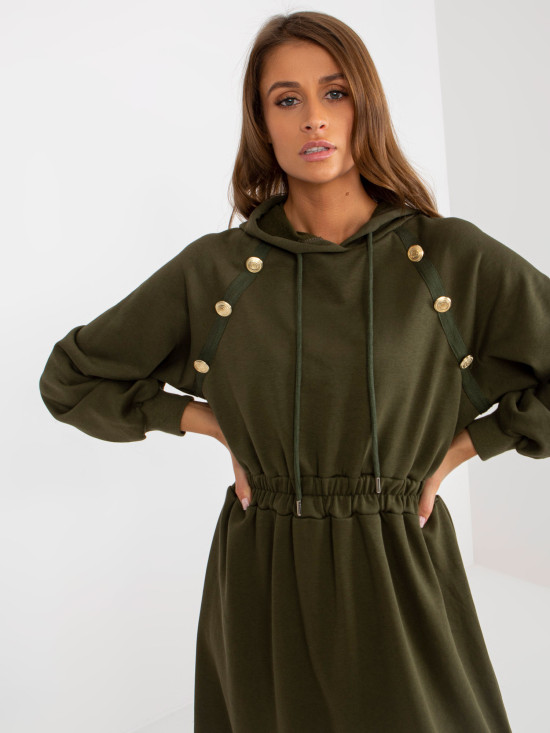 Khaki midi rozkloszowana sukienka dresowa z guzikami