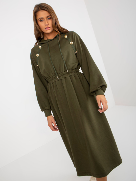 Khaki midi rozkloszowana sukienka dresowa z guzikami