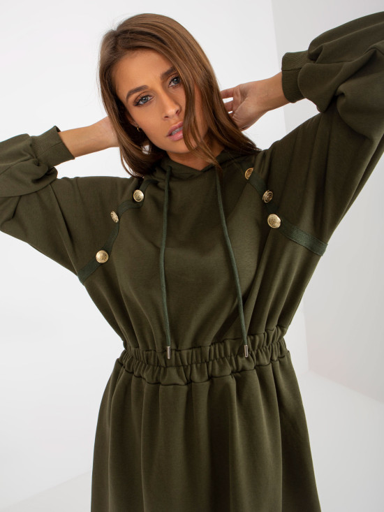 Khaki midi rozkloszowana sukienka dresowa z guzikami
