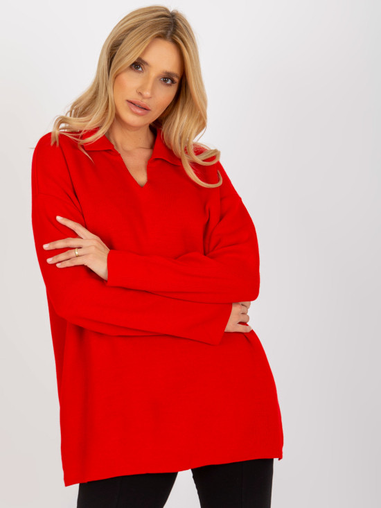 Czerwony długi sweter oversize z kołnierzykiem RUE PARIS