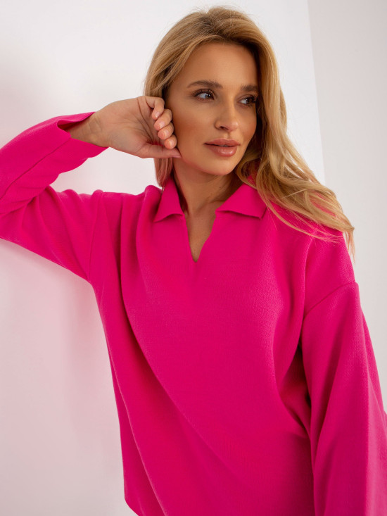 Fluo różowy damski oversize sweter z kołnierzykiem RUE PARIS