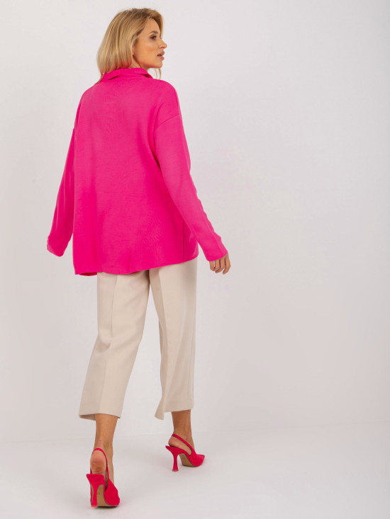 Fluo różowy damski oversize sweter z kołnierzykiem RUE PARIS