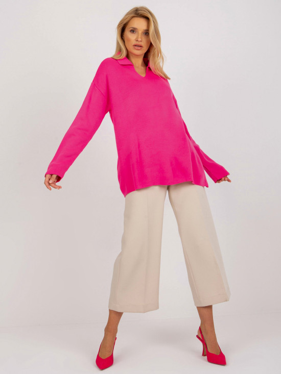 Fluo różowy damski oversize sweter z kołnierzykiem RUE PARIS