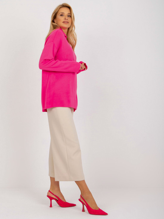 Fluo różowy damski oversize sweter z kołnierzykiem RUE PARIS