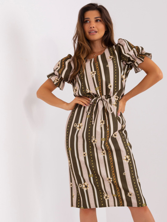 Khaki midi sukienka z printem i krótkim rękawem