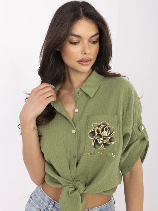 Stylowa khaki koszula z 3/4 rękawem