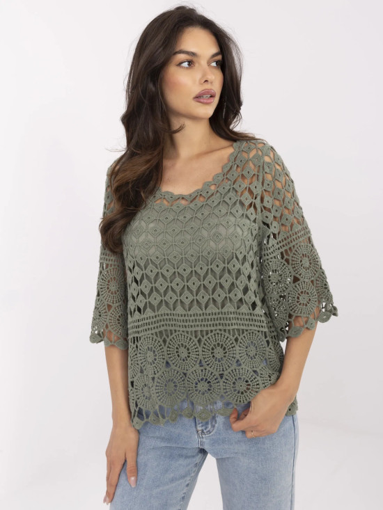 Stylowa khaki bluzka z 3/4 rękawem