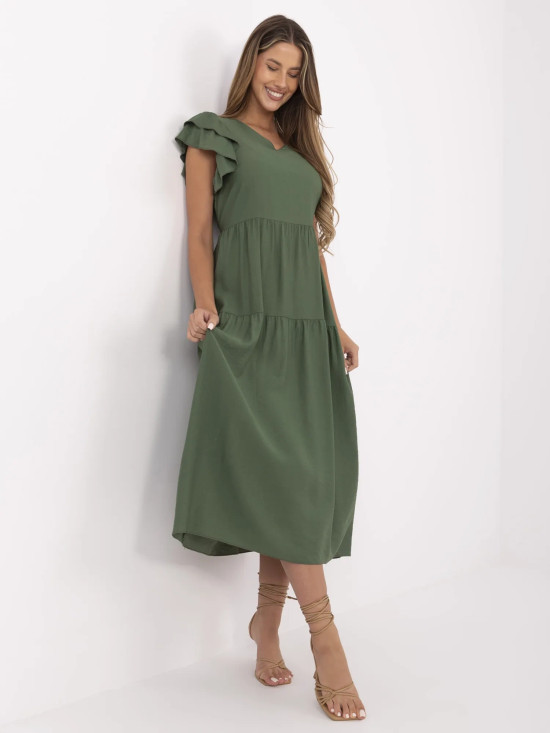 Khaki rozkloszowana sukienka z dekoltem w kształcie V