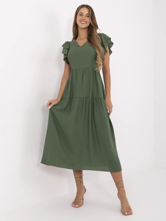 Khaki rozkloszowana sukienka z dekoltem w kształcie V