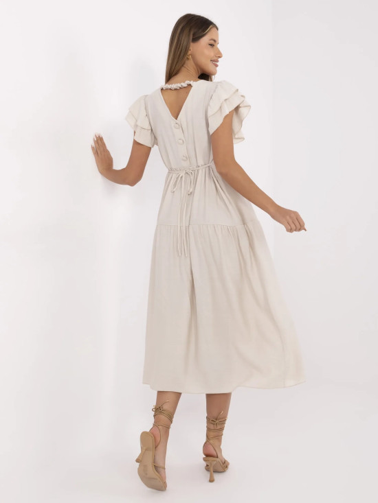 Béżowa rozkloszowana sukienka z dekoltem w kształcie V