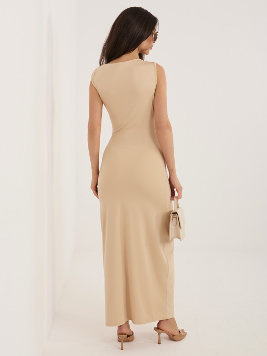 Beżowa ołówkowa sukienka midi bez rękawów