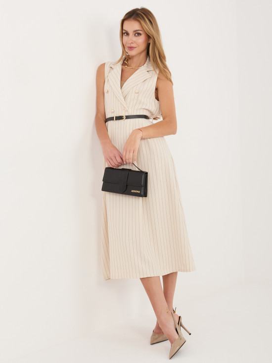 Beżowa rozkloszowana sukienka midi z paskiem i kołnierzykiem