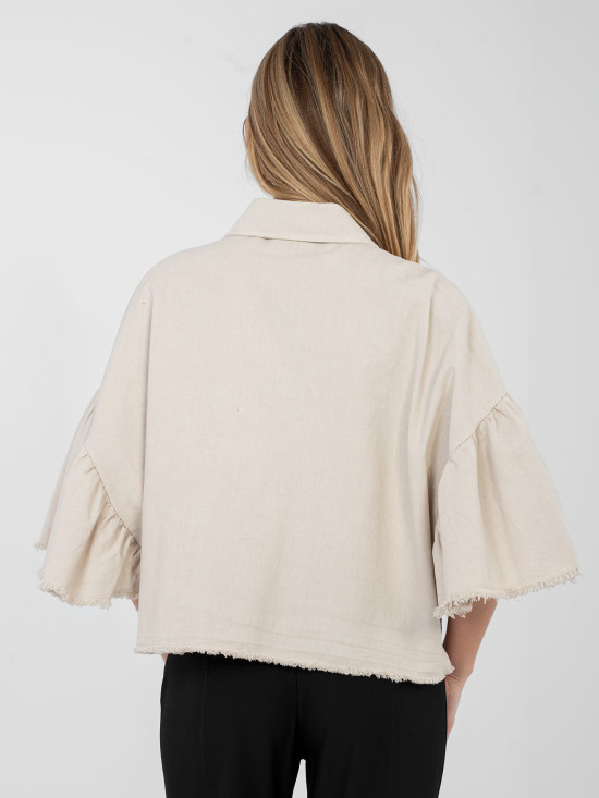 Beżowa krótka kurtka jeansowa z falbaną