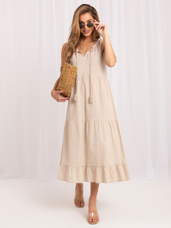 Beżowa lniana sukienka midi z falbaną i wiązaniem