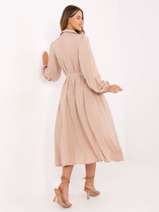 Elegancka beżowa midi sukienka z długim rękawem