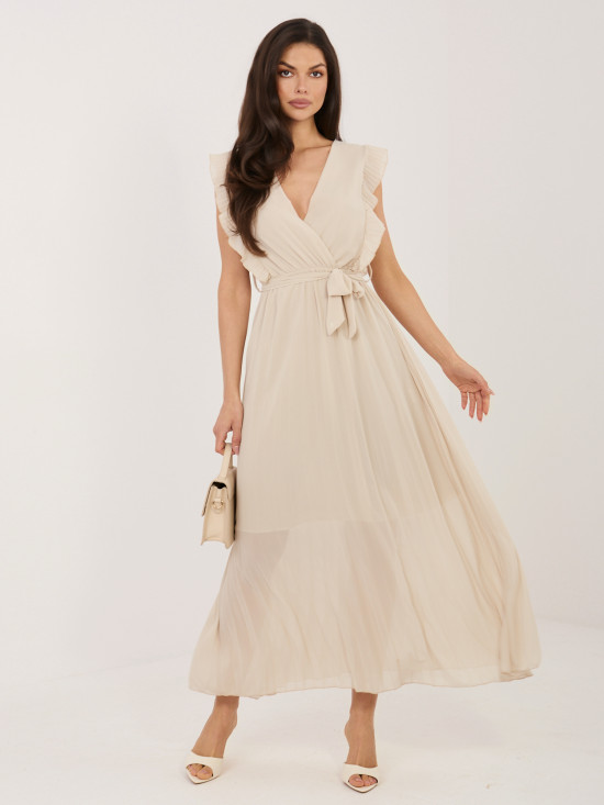Beżowa rozkloszowana sukienka midi z paskiem