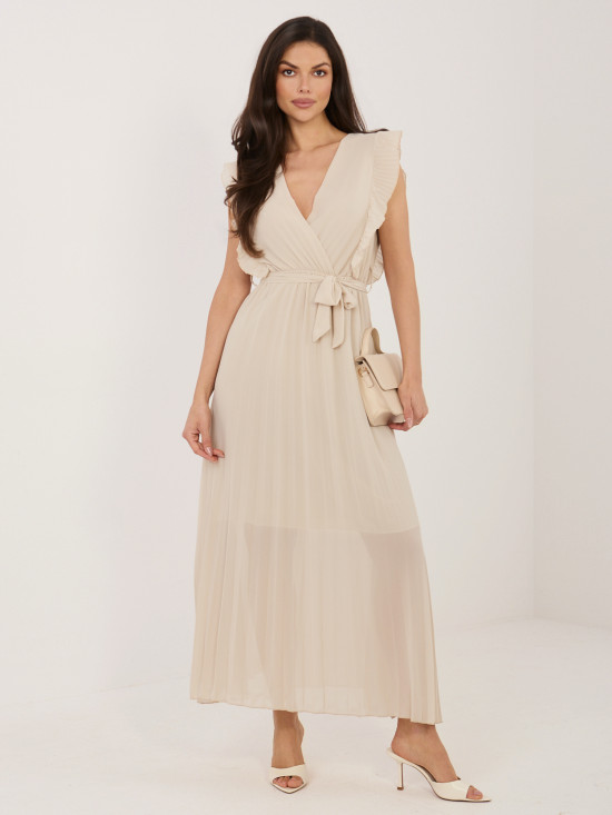 Beżowa rozkloszowana sukienka midi z paskiem