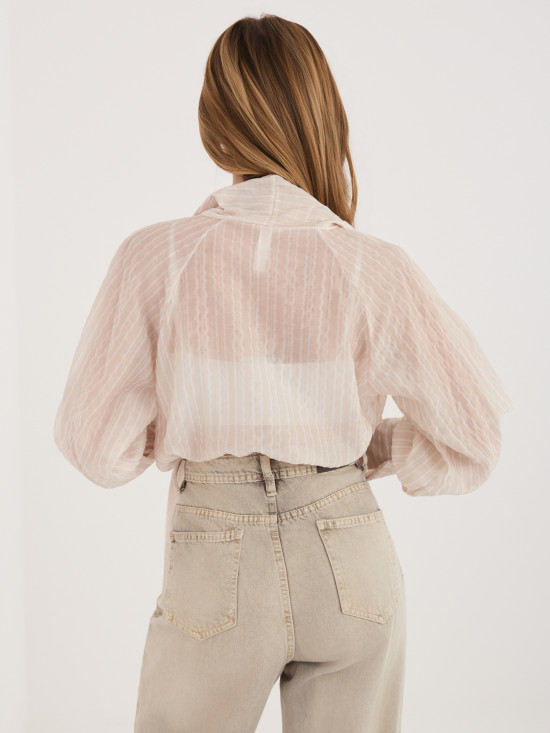 Beżowa koszula w paski z wiązaniem i bufiastym rękawem