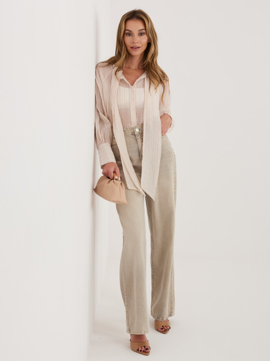 Beżowa koszula w paski z wiązaniem i bufiastym rękawem