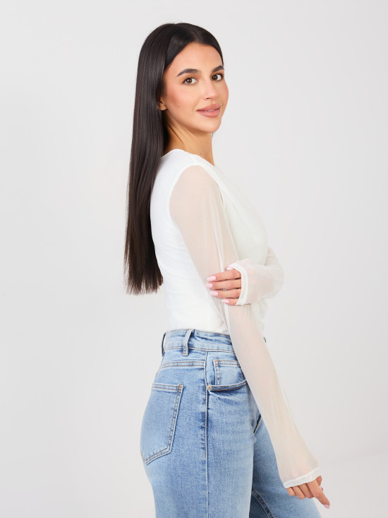 Białe eleganckie body z długim rękawem i okrągłym dekoltem