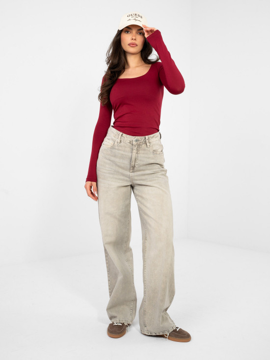 Bordowa bawełniana bluzka z długim rękawem i kwadratowym dekoltem