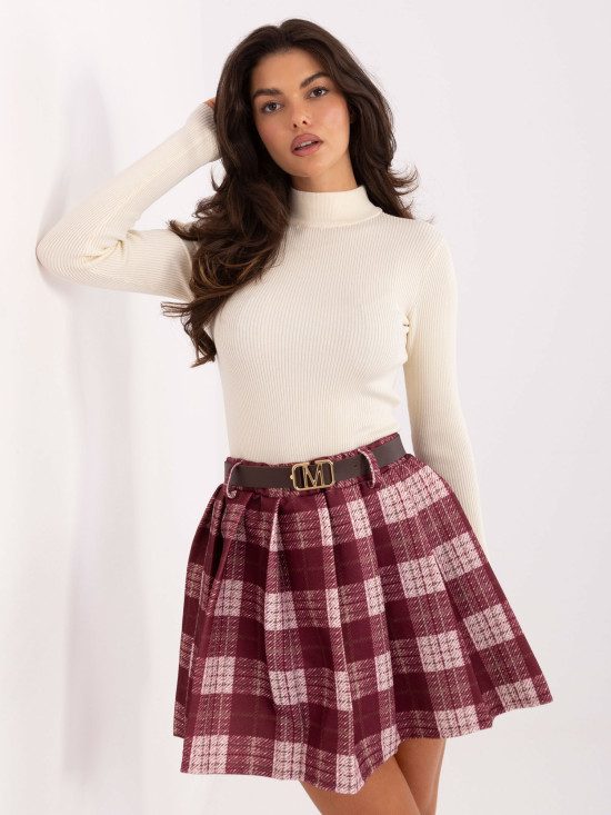 Bordowa mini spódnica w kratkę z paskiem