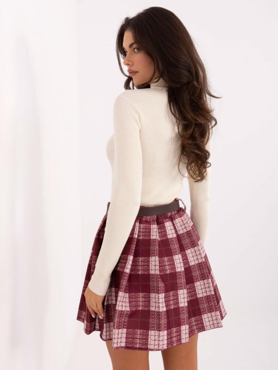 Bordowa mini spódnica w kratkę z paskiem