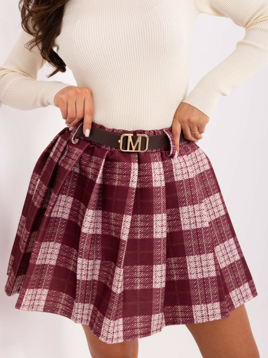 Bordowa mini spódnica w kratkę z paskiem