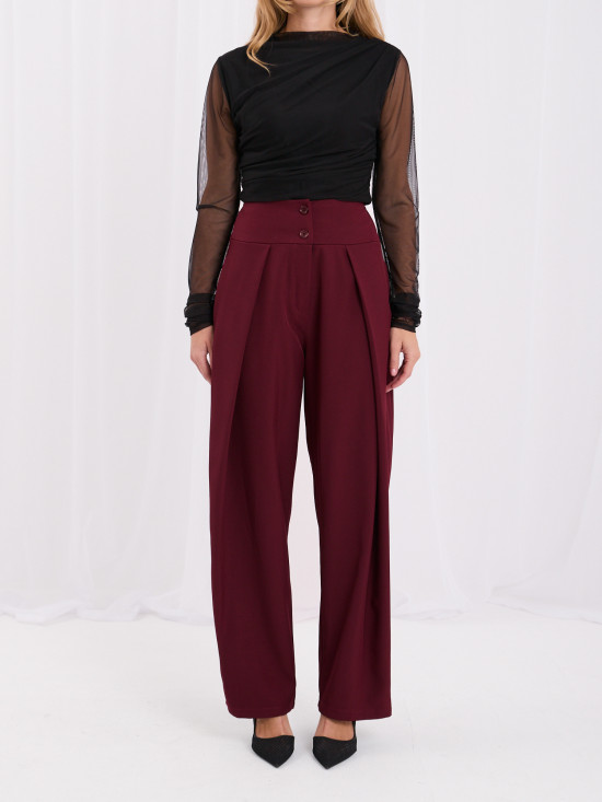 Bordowe eleganckie spodnie wide leg z wysokim stanem