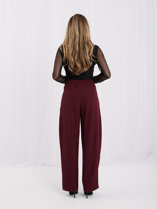 Bordowe eleganckie spodnie wide leg z wysokim stanem