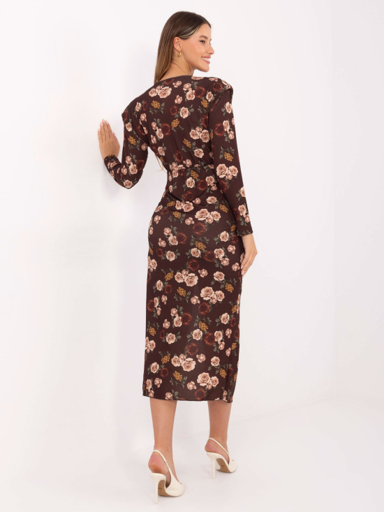 Brązowa kwiatowa sukienka midi z kopertowym dekoltem