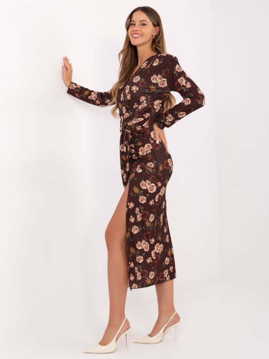 Brązowa kwiatowa sukienka midi z kopertowym dekoltem
