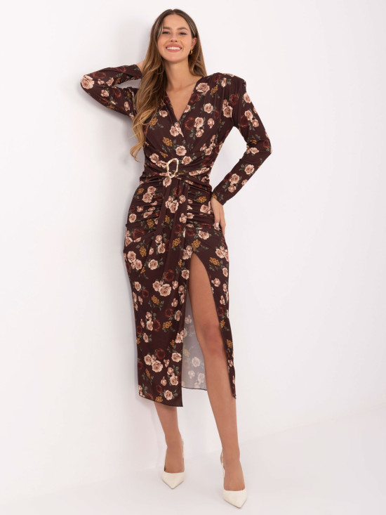 Brązowa kwiatowa sukienka midi z kopertowym dekoltem