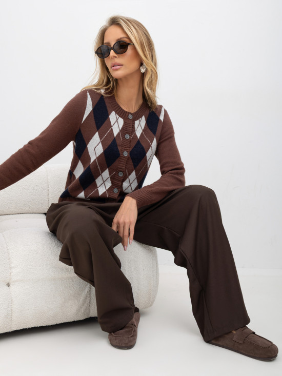 Brązowe eleganckie spodnie wide leg z wysokim stanem
