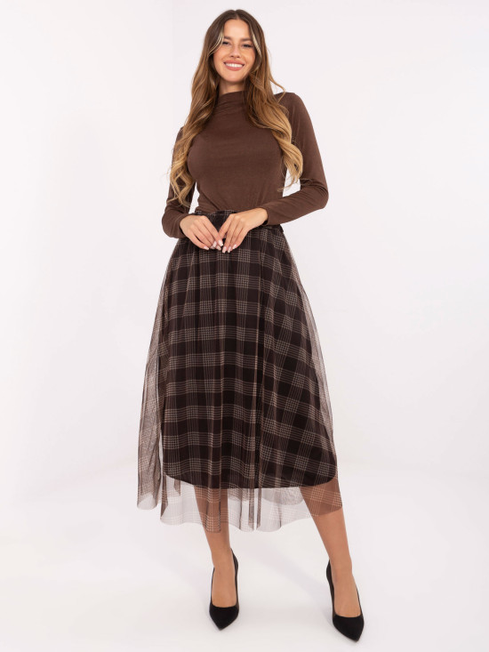 Brązowa elegancka spódnica midi w kratkę