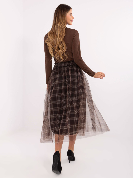 Brązowa elegancka spódnica midi w kratkę